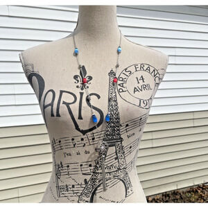 Silver Tone Tassel Necklace Blue Red Beaded Long Boho Jewelry 40"